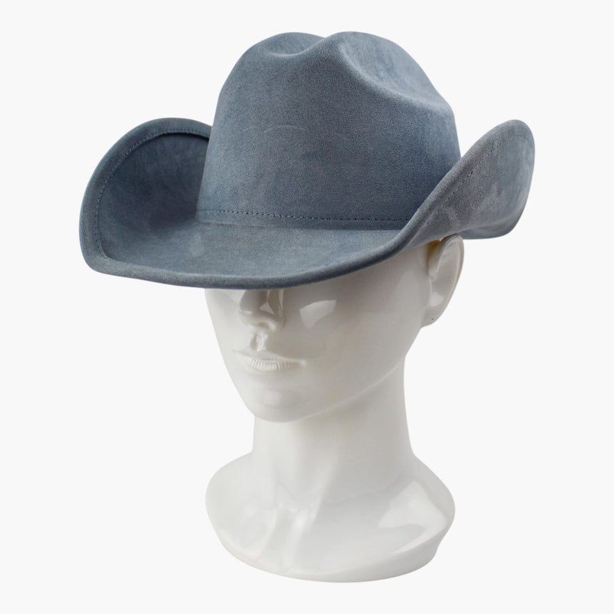 Slate-Blue Faux-Suede Western hat, at a three-quarter angle showing how far the brim curls up while the crown front reads