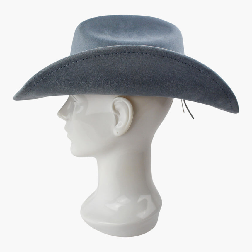 Slate-Blue Faux-Suede Western hat, in profile showing the flat side sweep and the topstitch line on the outer edge