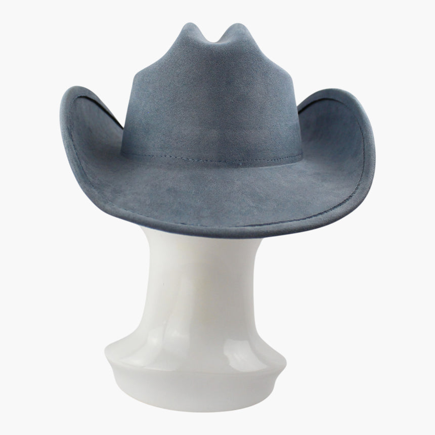 Slate-Blue Faux-Suede Western hat, back view showing the unbroken back of the crown with nothing at its base
