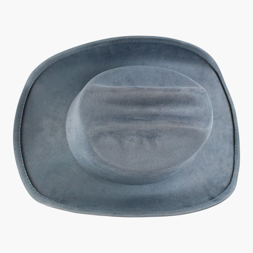 Slate-Blue Faux-Suede Western hat, seen from above showing the crease channel running front to back between two dents