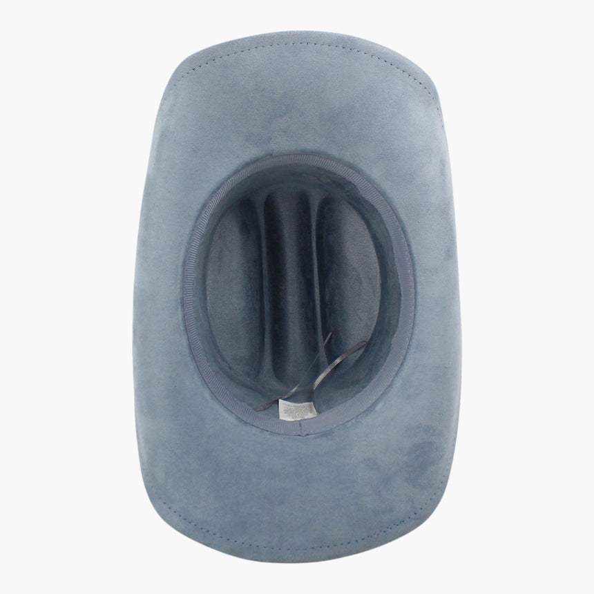 Slate-Blue Faux-Suede Western hat, underside showing the sweatband ringing the crown with the adjuster cord at the back