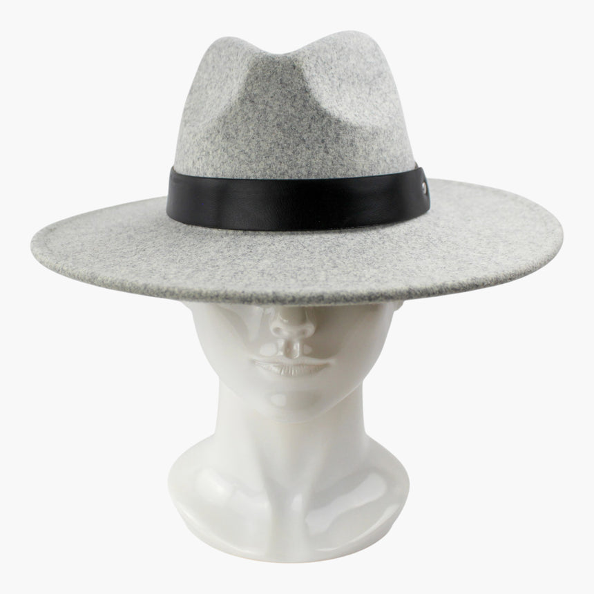 Snap-Stud Felt Fedora hat, front view showing the wide flat brim reaching well past the crown
