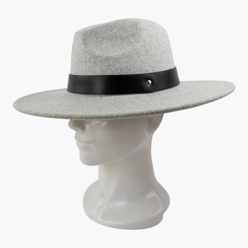 Snap-Stud Felt Fedora hat, at a three-quarter angle showing the single silver-tone ball-head snap stud on the strap
