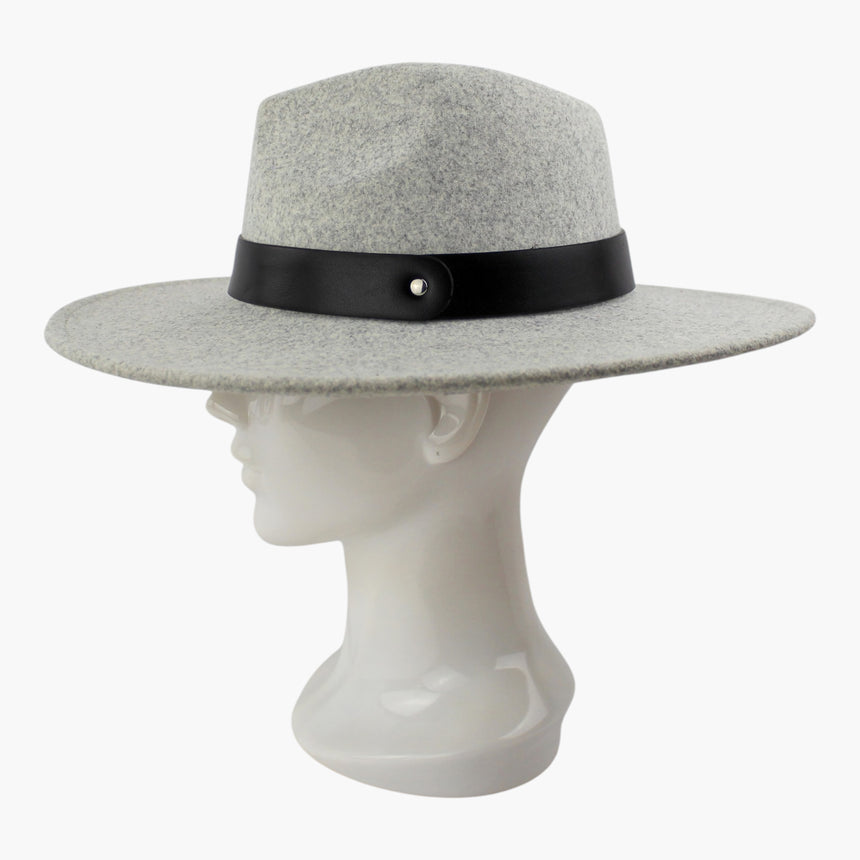 Snap-Stud Felt Fedora hat, in profile showing the strap lying flat where the crown meets the brim
