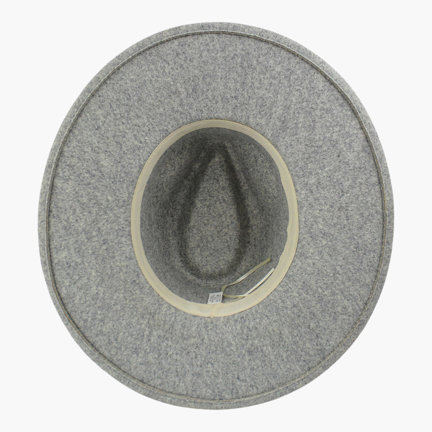 Snap-Stud Felt Fedora hat, underside showing the cream grosgrain sweatband against the gray crown