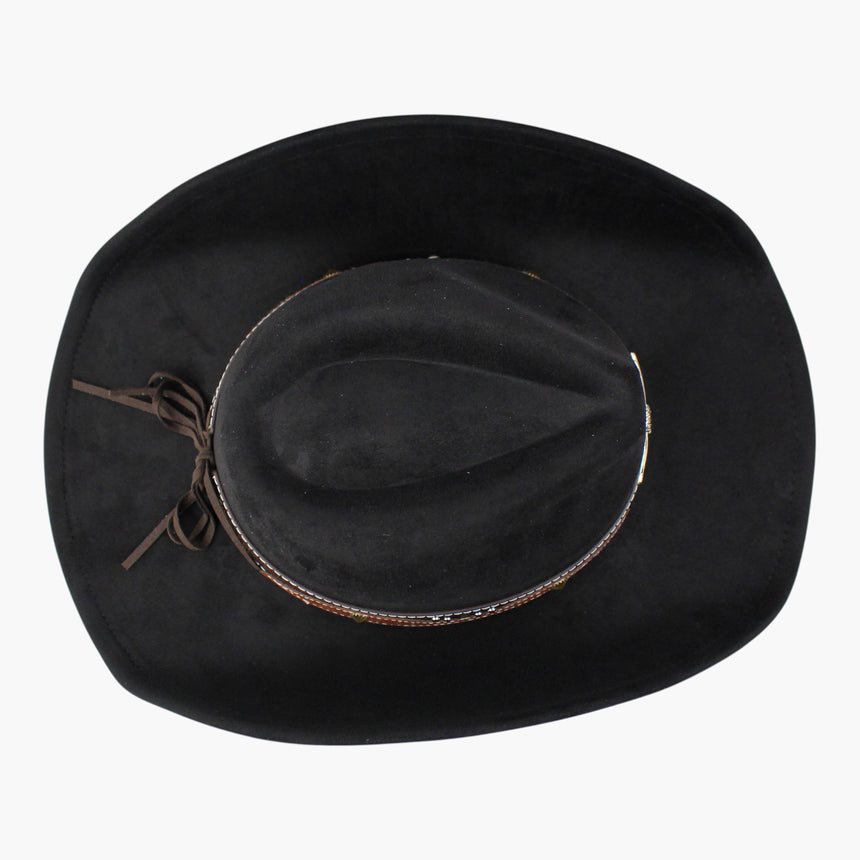Stitched-Longhorn Faux-Suede Western hat, Black colorway seen from above showing the crease with the tie bowed onto the brim