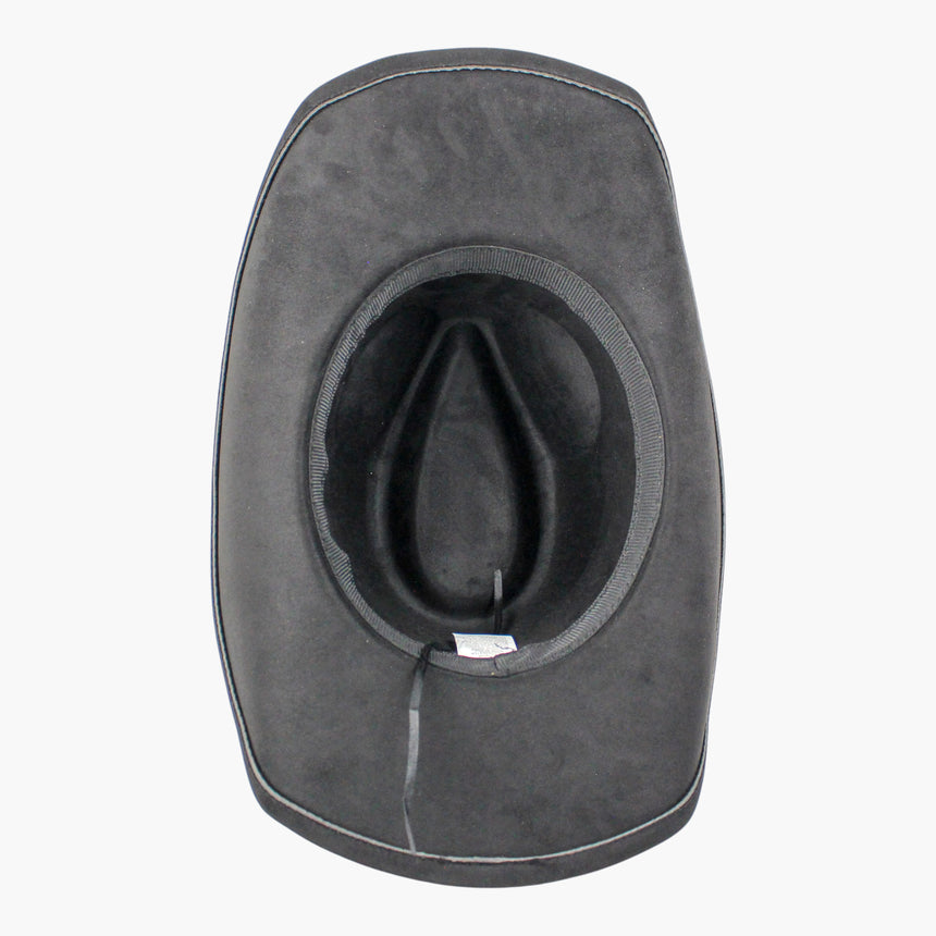 Stitched-Longhorn Faux-Suede Western hat, underside of the Black colorway showing the black sweatband and the adjuster cord