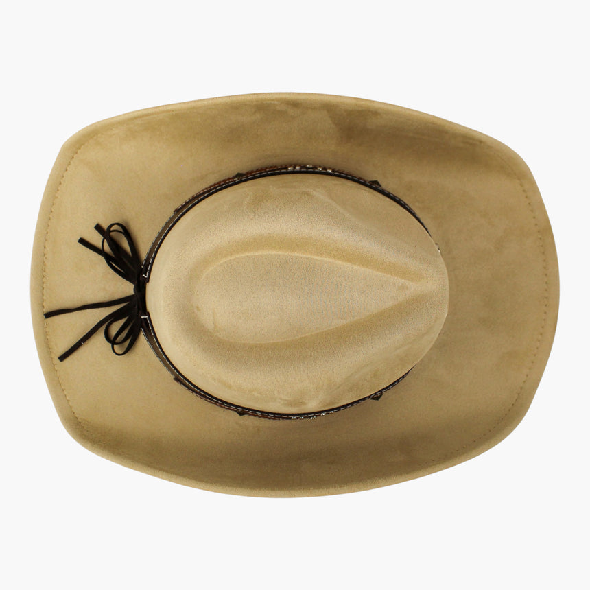 Stitched-Longhorn Faux-Suede Western hat, Sand colorway seen from above showing the tie cord twin loops splayed on the brim
