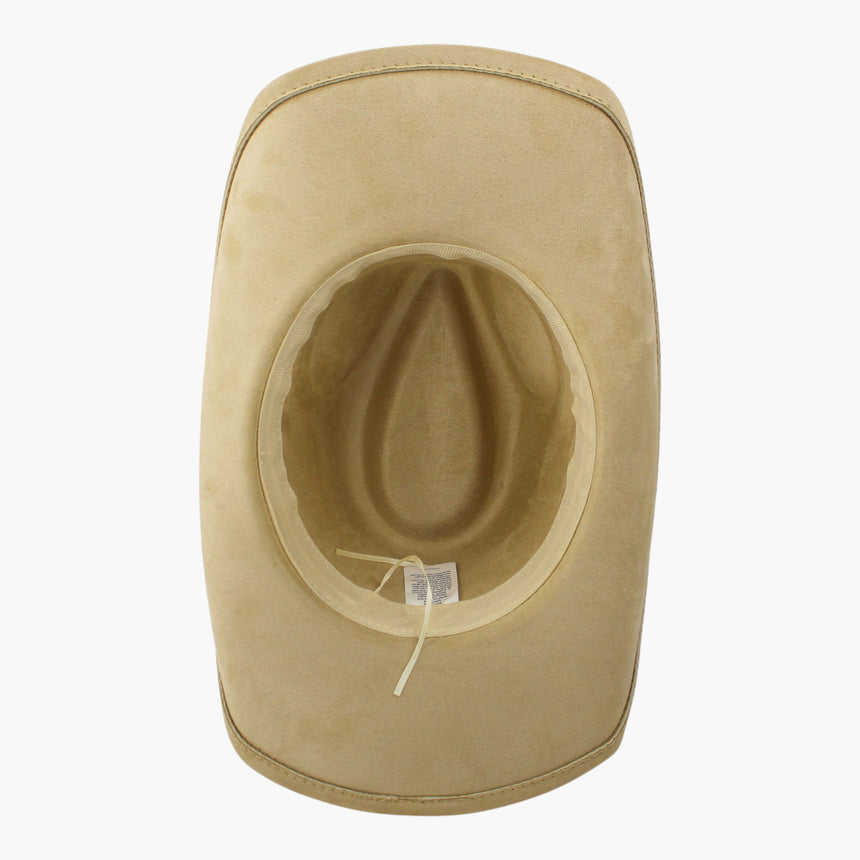 Stitched-Longhorn Faux-Suede Western hat, underside of the Sand colorway showing the cream sweatband and the bowed cord