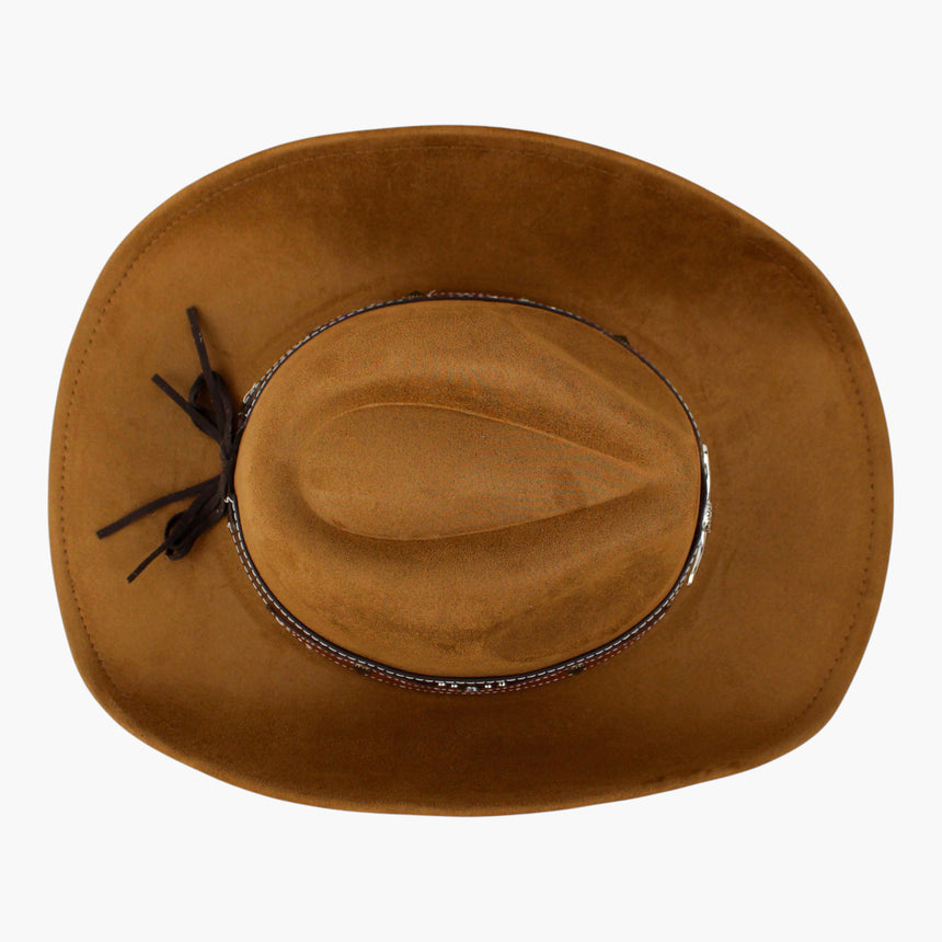 Stitched-Longhorn Faux-Suede Western hat, Camel colorway seen from above showing the studded band and one tooled side patch