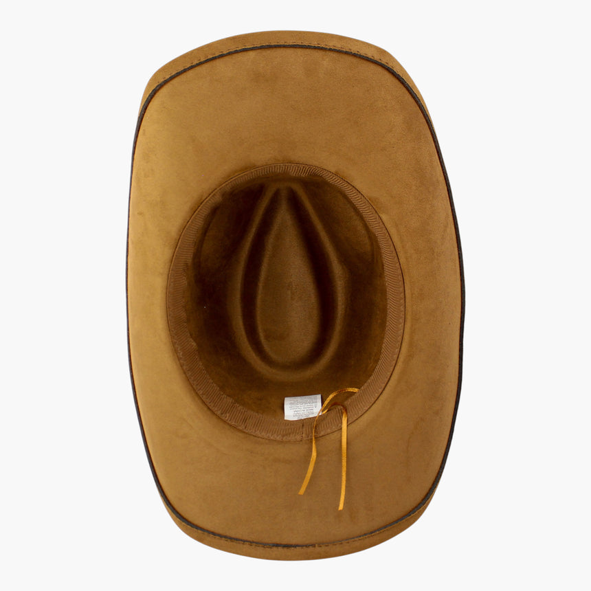 Stitched-Longhorn Faux-Suede Western hat, underside of the Camel colorway showing the tan sweatband and the loose cord
