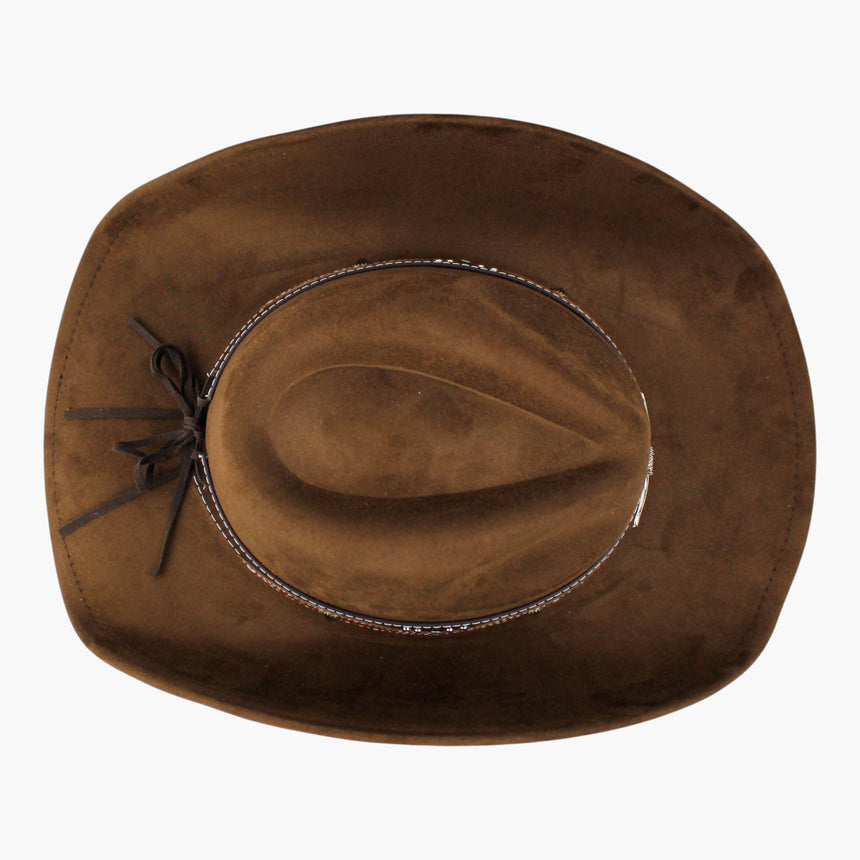 Stitched-Longhorn Faux-Suede Western hat, Chocolate colorway seen from above showing the center dent of the cattleman crease