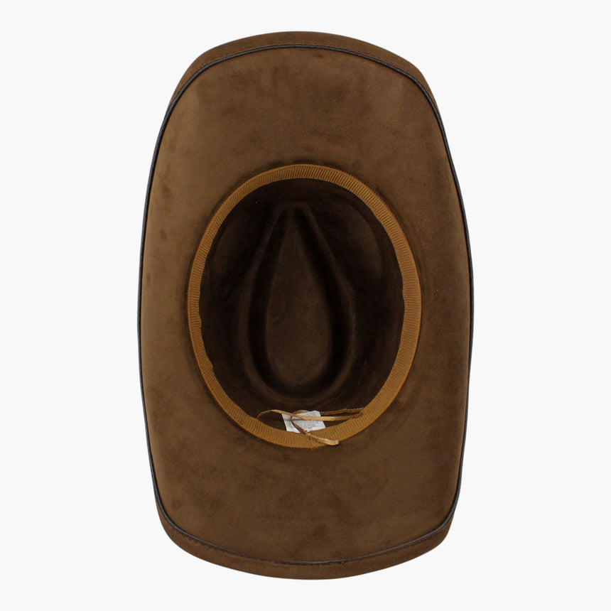 Stitched-Longhorn Faux-Suede Western hat, underside of the Chocolate colorway showing the caramel sweatband inside the crown