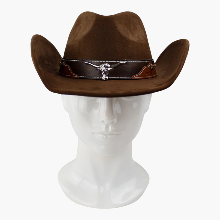 Stitched-Longhorn Faux-Suede Western hat, front view of the Chocolate colorway showing the longhorn medallion at band center