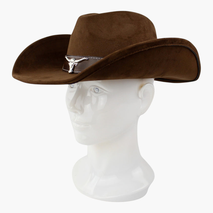 Stitched-Longhorn Faux-Suede Western hat, Chocolate colorway at a three-quarter angle showing the tooled side patch