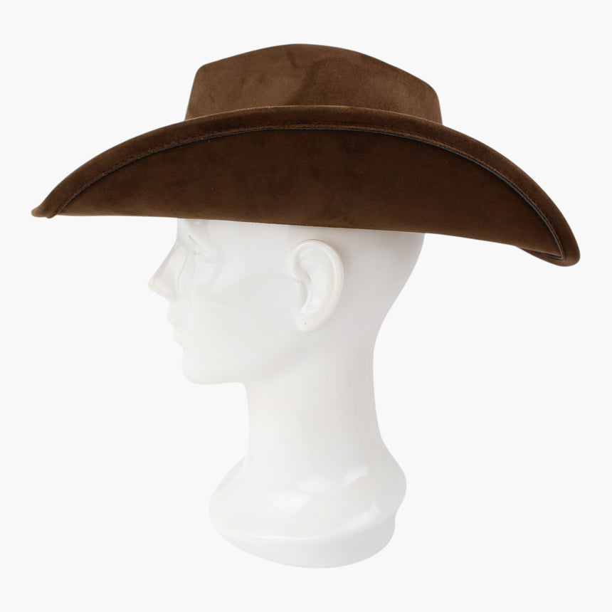 Stitched-Longhorn Faux-Suede Western hat, Chocolate colorway in profile showing the upturned brim curling clear of the crown