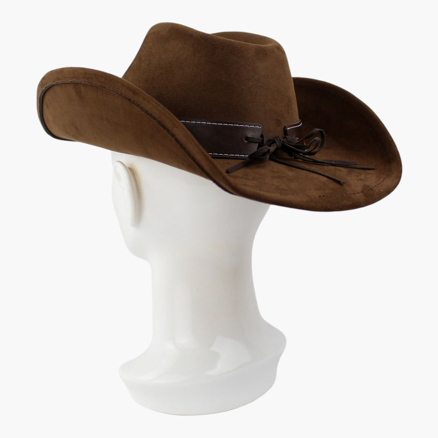 Stitched-Longhorn Faux-Suede Western hat, Chocolate colorway at a rear three-quarter angle showing the knotted cord tie