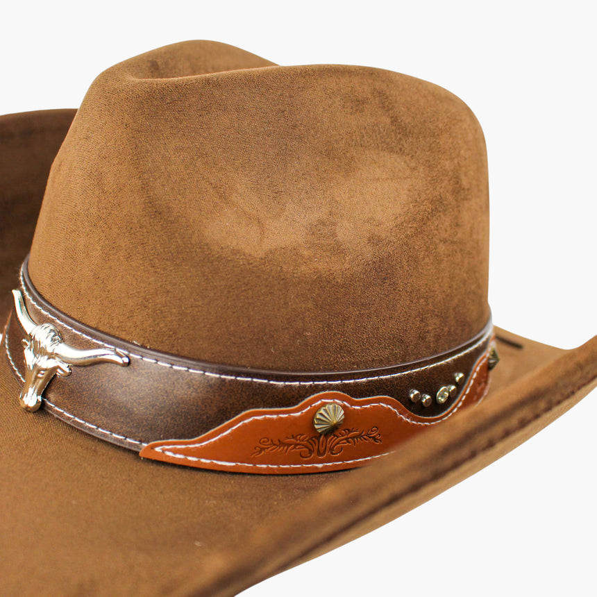 Stitched-Longhorn Faux-Suede Western hat, Chocolate colorway in close-up showing the patch embossing beside its concho