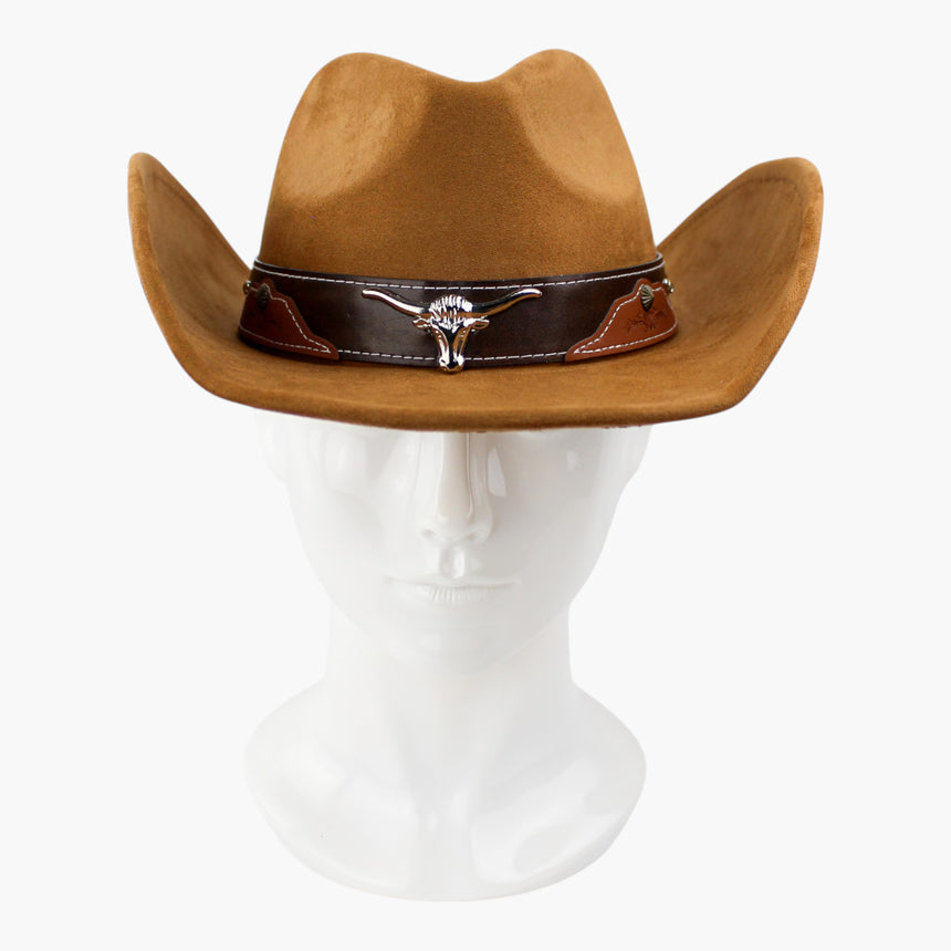 Stitched-Longhorn Faux-Suede Western hat, front view of the Camel colorway showing both tooled patches flanking the medallion