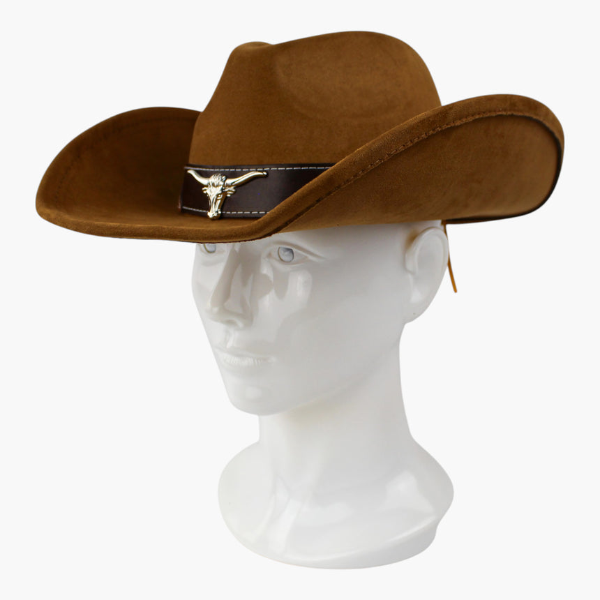 Stitched-Longhorn Faux-Suede Western hat, Camel colorway at a three-quarter angle showing the deep upturn of the brim