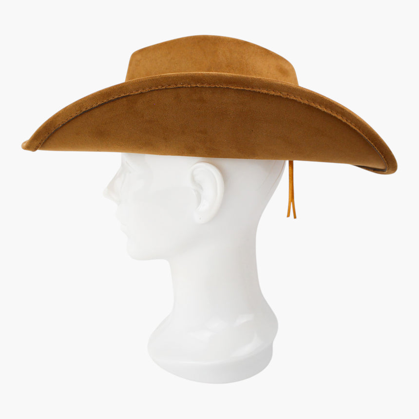Stitched-Longhorn Faux-Suede Western hat, Camel colorway in profile showing the cord tie loose tail below the brim