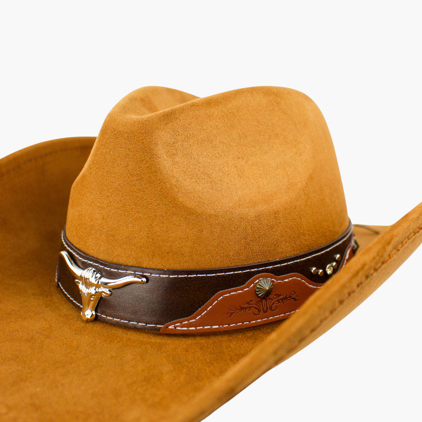 Stitched-Longhorn Faux-Suede Western hat, Camel colorway in close-up showing the rhinestone studs above the tooled patch