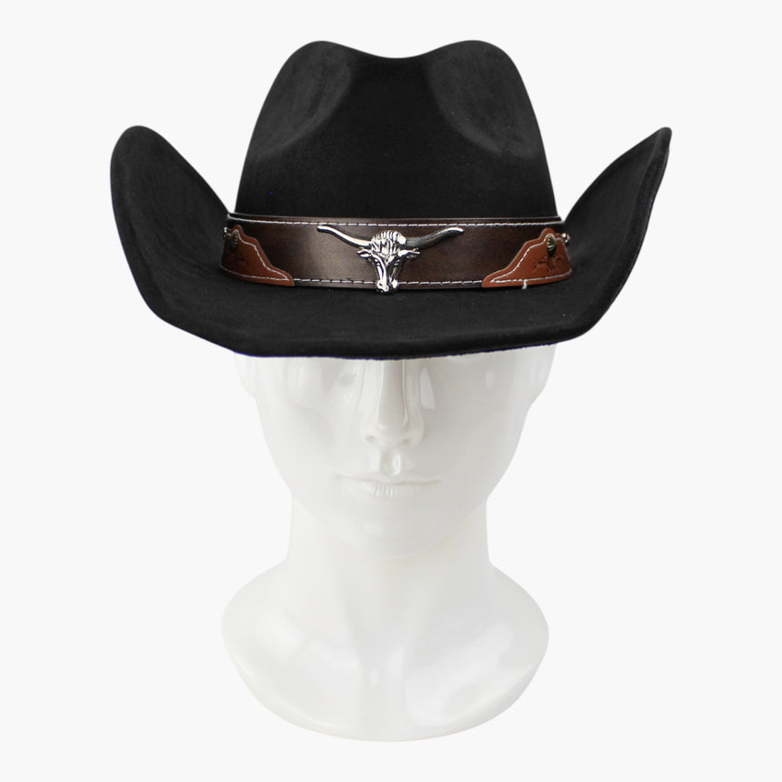 Stitched-Longhorn Faux-Suede Western hat, front view of the Black colorway showing the warm brown strap on the black crown