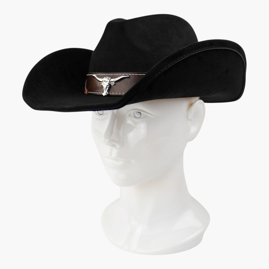 Stitched-Longhorn Faux-Suede Western hat, Black colorway at a three-quarter angle showing the medallion horns standing proud