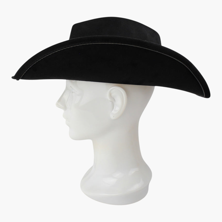 Stitched-Longhorn Faux-Suede Western hat, Black colorway in profile showing the long upswept brim tip to tip