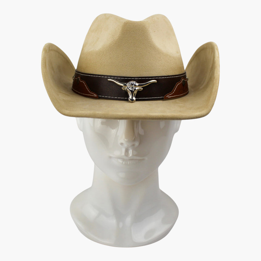 Stitched-Longhorn Faux-Suede Western hat, front view of the Sand colorway showing the upturned brim curling around the band