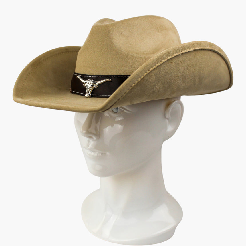 Stitched-Longhorn Faux-Suede Western hat, Sand colorway at a three-quarter angle showing the flat-sided taper of the crown