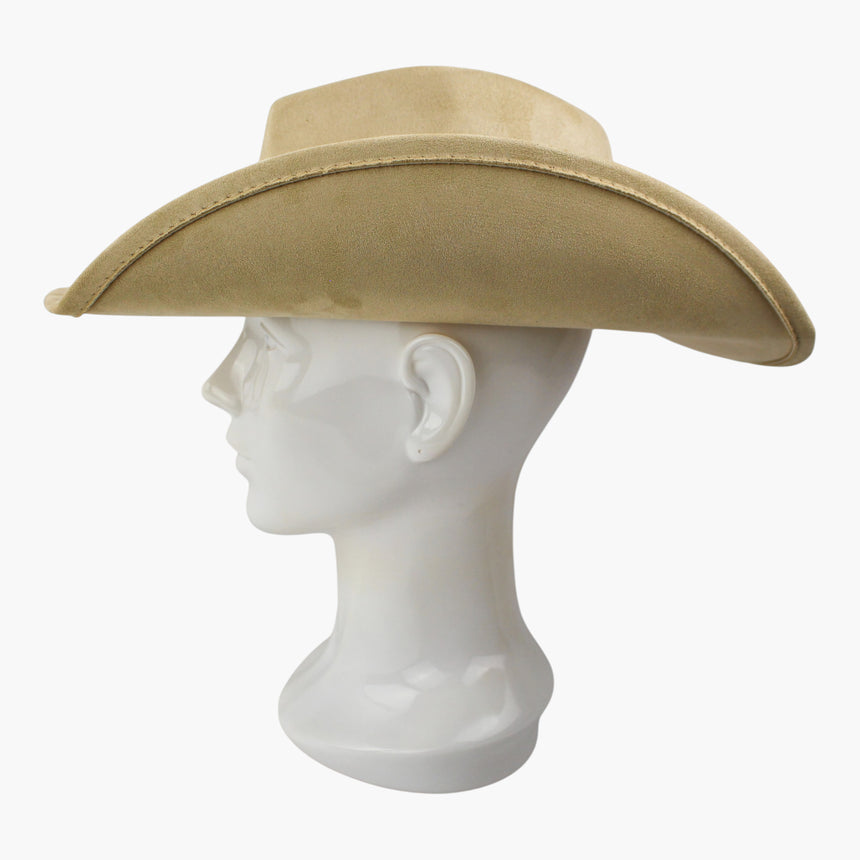 Stitched-Longhorn Faux-Suede Western hat, Sand colorway in profile showing the pale tone running crown to brim edge