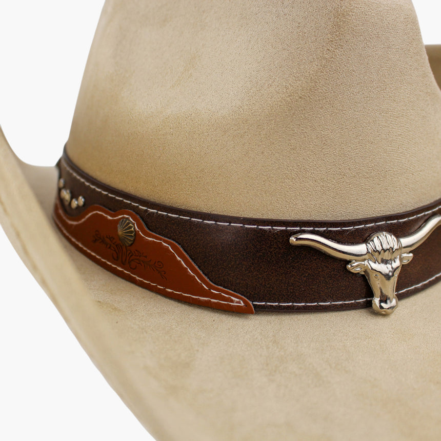 Stitched-Longhorn Faux-Suede Western hat, Sand colorway in close-up showing the white contrast stitching along the strap