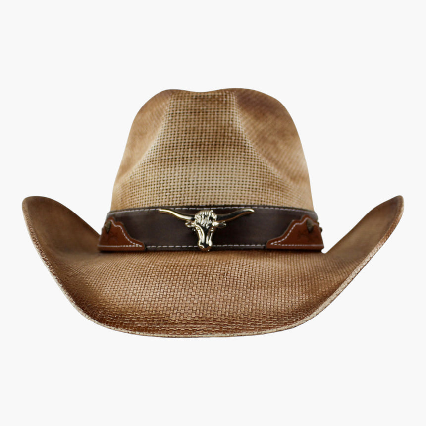Sunburst-Longhorn Straw Western hat, front view showing the longhorn medallion between the tooled patches