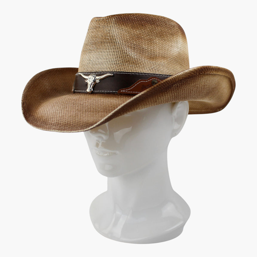 Sunburst-Longhorn Straw Western hat, at a three-quarter angle showing the sunburst studs on the tooled patch