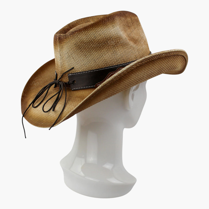 Sunburst-Longhorn Straw Western hat, at a rear three-quarter angle showing the cord ties knotted at the back