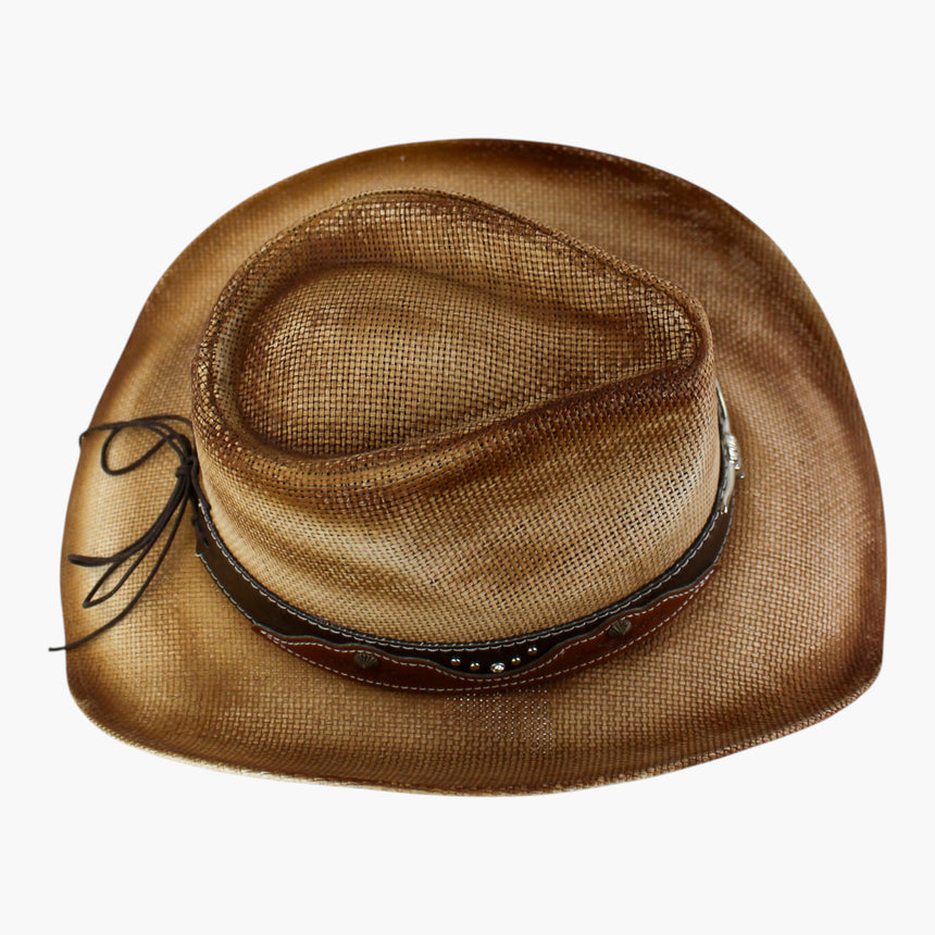 Sunburst-Longhorn Straw Western hat, seen from above showing the cattleman crease and the band stitching