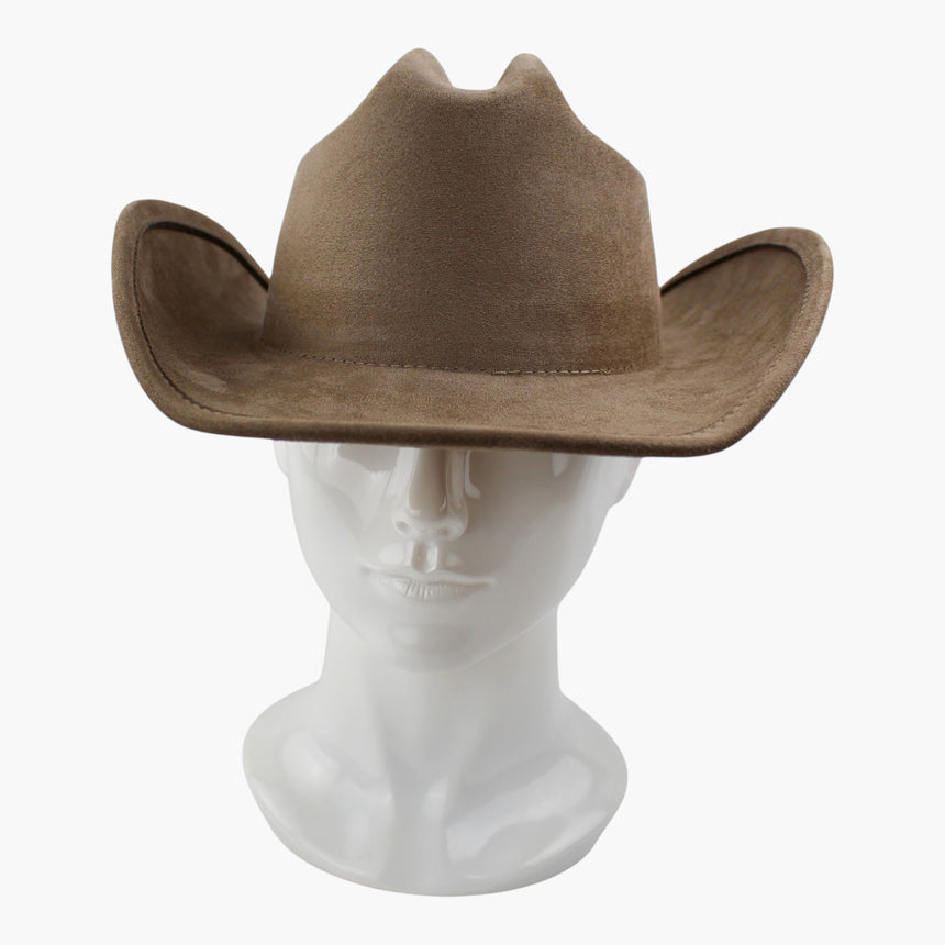 Taupe Faux-Suede Western hat, front view showing the crease center dent dead-on above a bare crown base