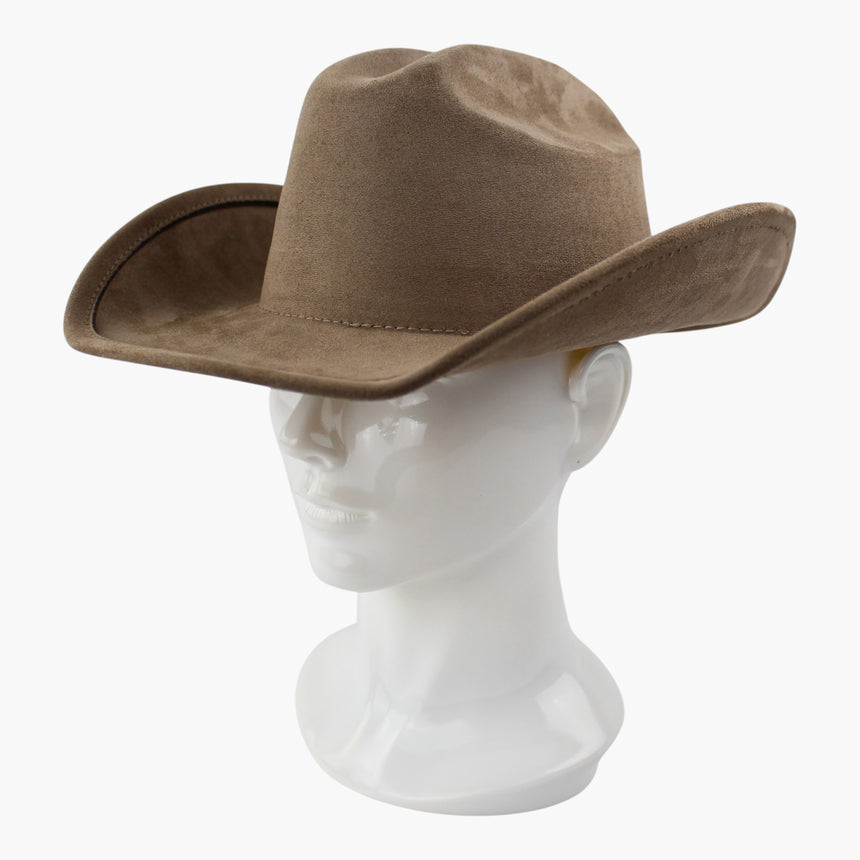Taupe Faux-Suede Western hat, at a three-quarter angle showing the brim curling upward along one side as the crown turns away