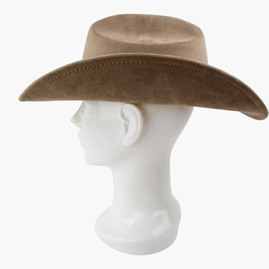 Taupe Faux-Suede Western hat, in profile showing the brim reading as a straight line with its stitched edge