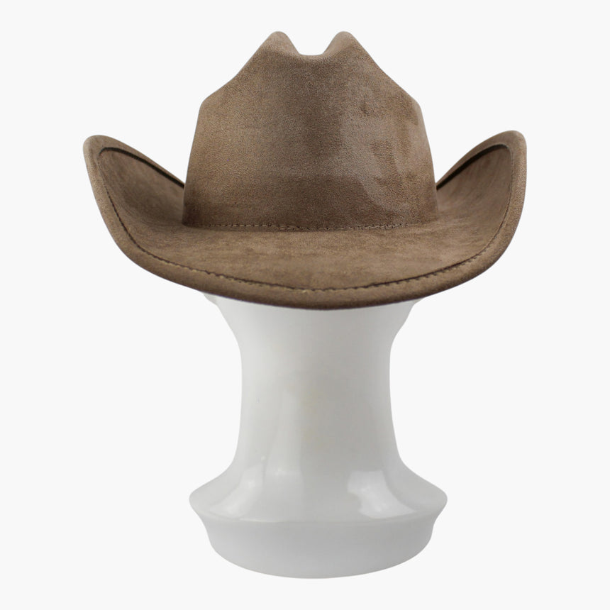 Taupe Faux-Suede Western hat, back view showing the plain back of the crown, uninterrupted from peak to brim