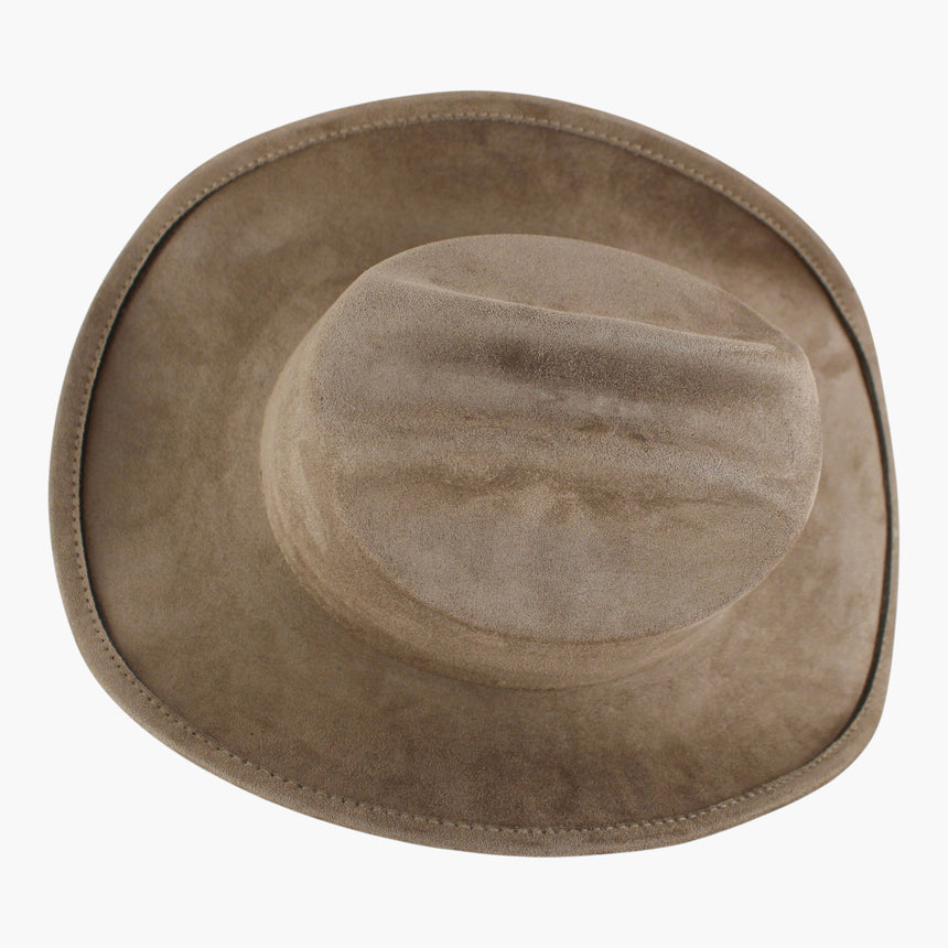 Taupe Faux-Suede Western hat, seen from above showing the crease channel and both side dents from directly overhead