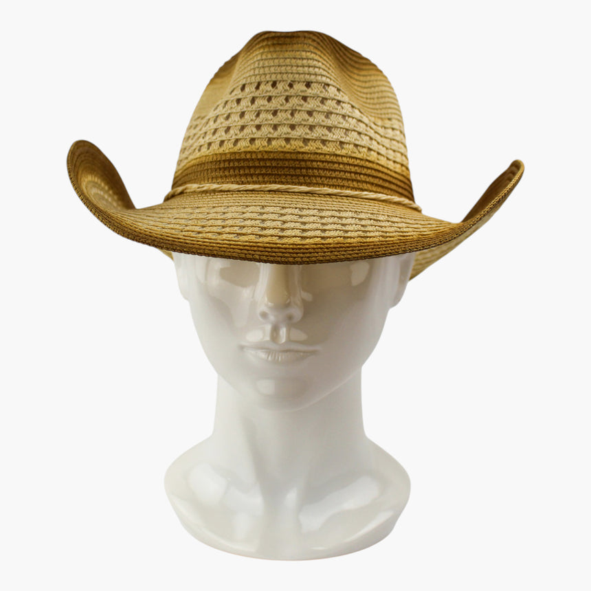 Tonal-Cord Straw Western hat, front view of the Ombre Tan colorway showing the tonal cord at the crown base