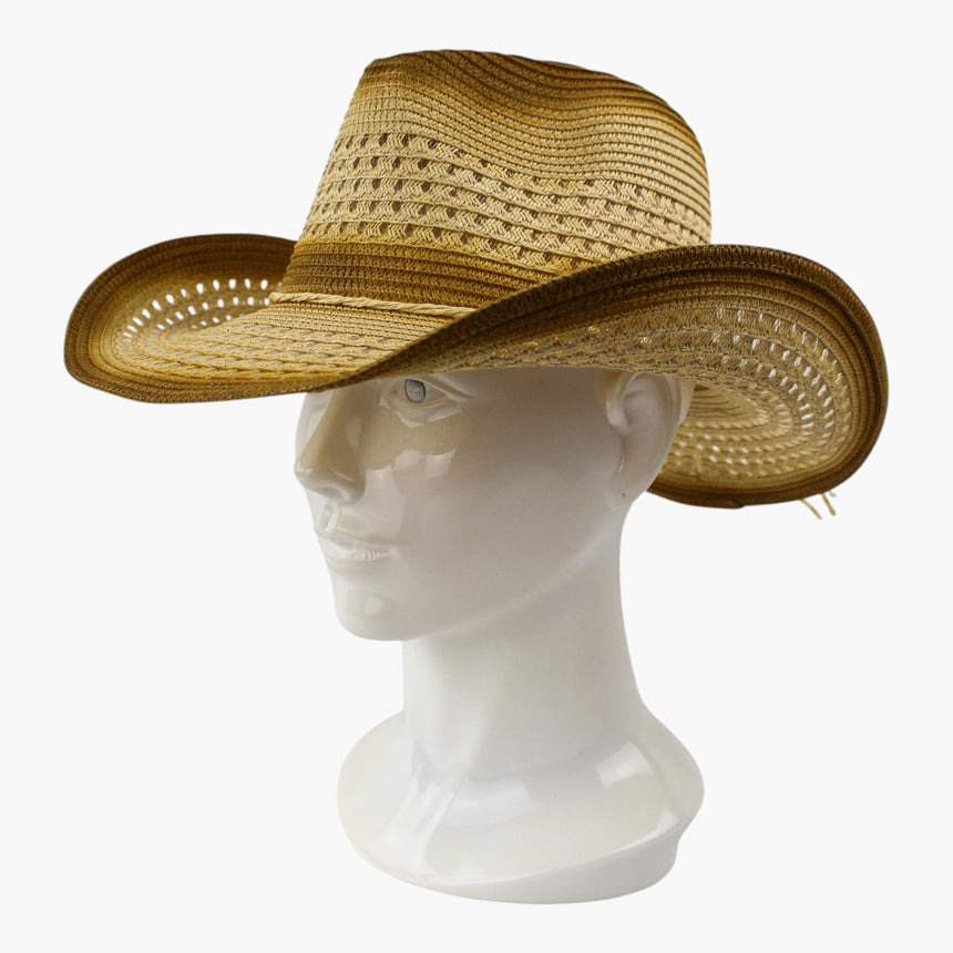 Tonal-Cord Straw Western hat, Ombre Tan colorway at a three-quarter angle showing the braided tie ends trailing from the side