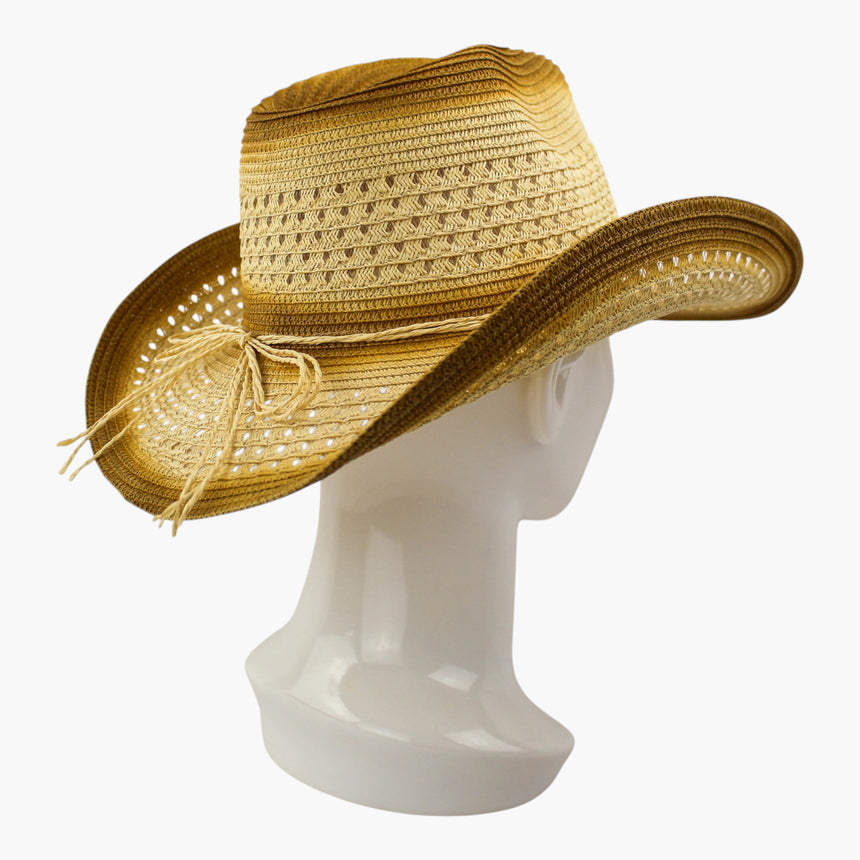 Tonal-Cord Straw Western hat, Ombre Tan colorway at a rear three-quarter angle showing the tie bow and its loose braided ends