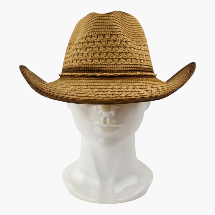 Tonal-Cord Straw Western hat, front view of the Ombre Brown colorway showing the open vent stitching around the crown