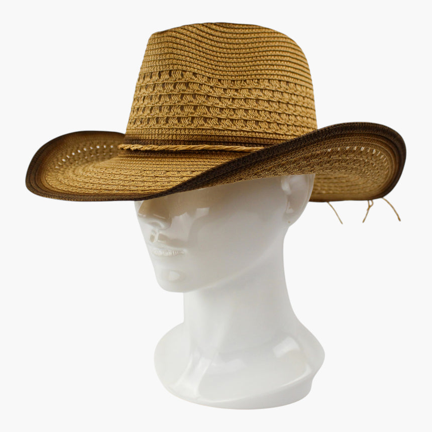 Tonal-Cord Straw Western hat, Ombre Brown colorway at a three-quarter angle showing the brim tipping down over the brow