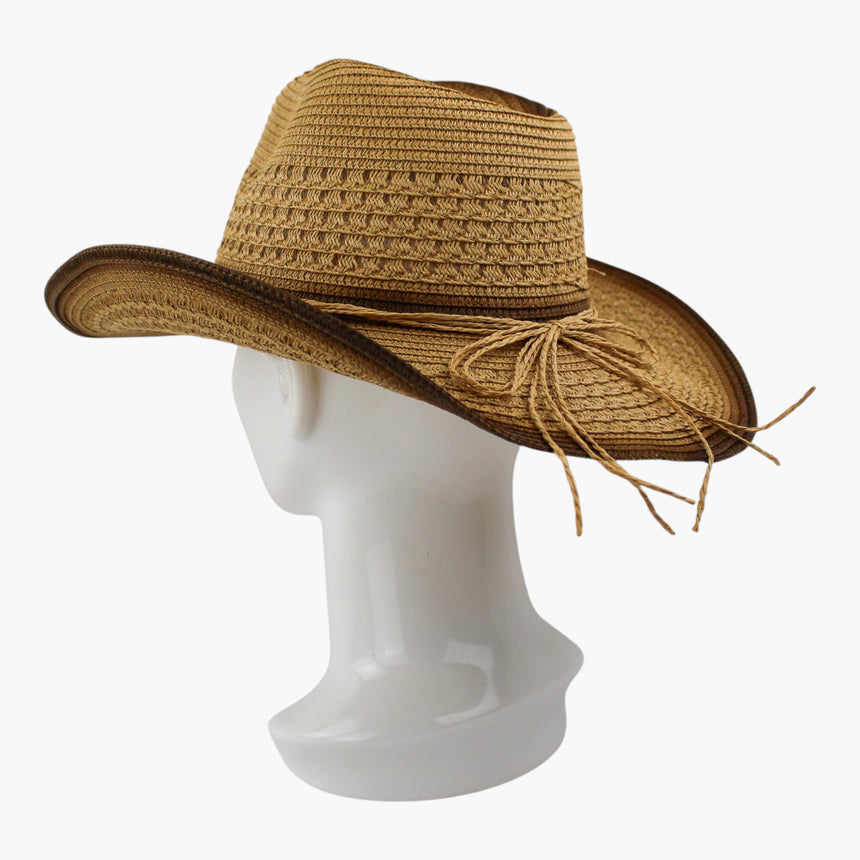 Tonal-Cord Straw Western hat, Ombre Brown colorway at the opposite three-quarter angle showing the long braided ends