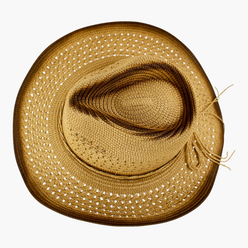 Tonal-Cord Straw Western hat, Ombre Brown colorway seen from above showing the crease and the braided tie ends splayed