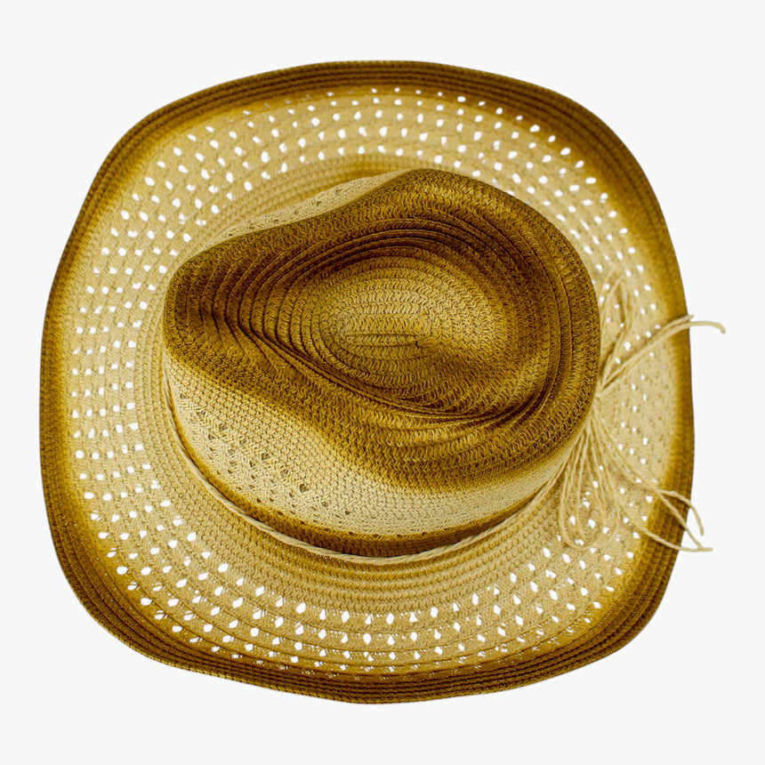 Tonal-Cord Straw Western hat, Ombre Tan colorway seen from above showing the ombre burn darkening around the outer brim edge